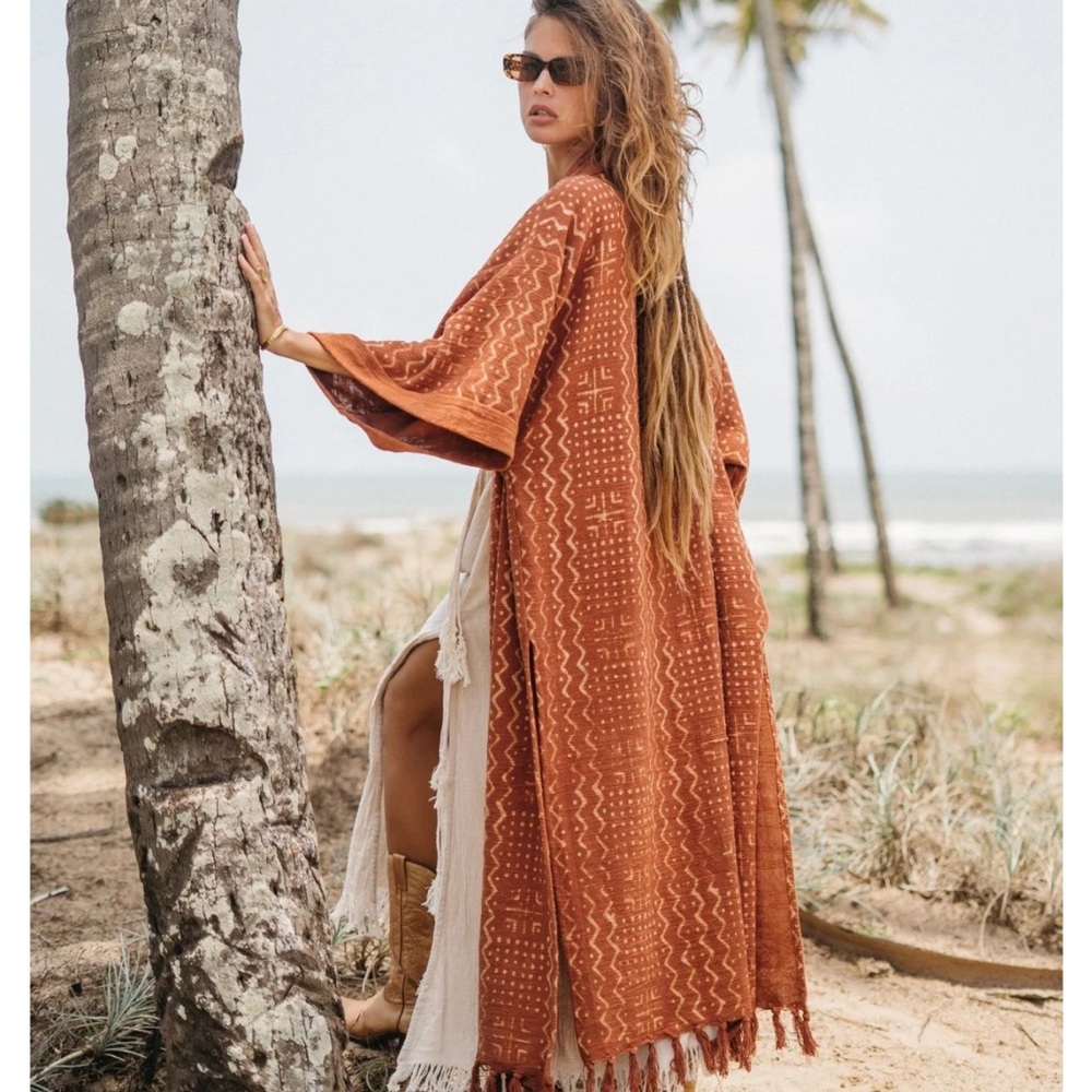 NWOT Handwoven Organic Cotton Rust Patterned Women's Kimono